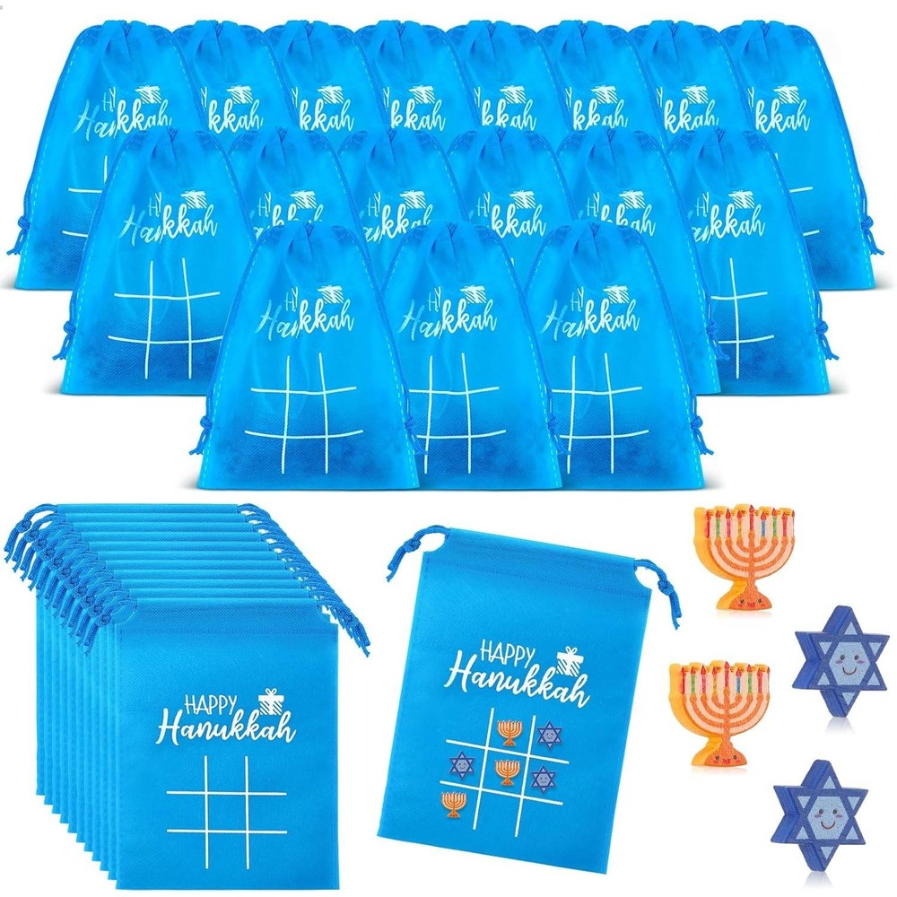 Happy Hanukkah Tic Tac‎ Toe Game Set Blue Drawstring Bags Wooden Pieces Bulk